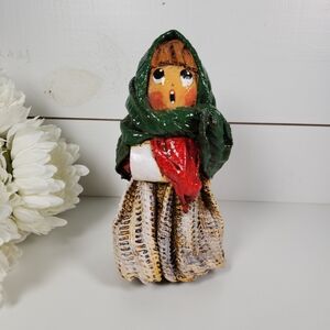 Vintage Mache' Originals Christmas Caroler Figurine- Lady Caroler Green Scarf
